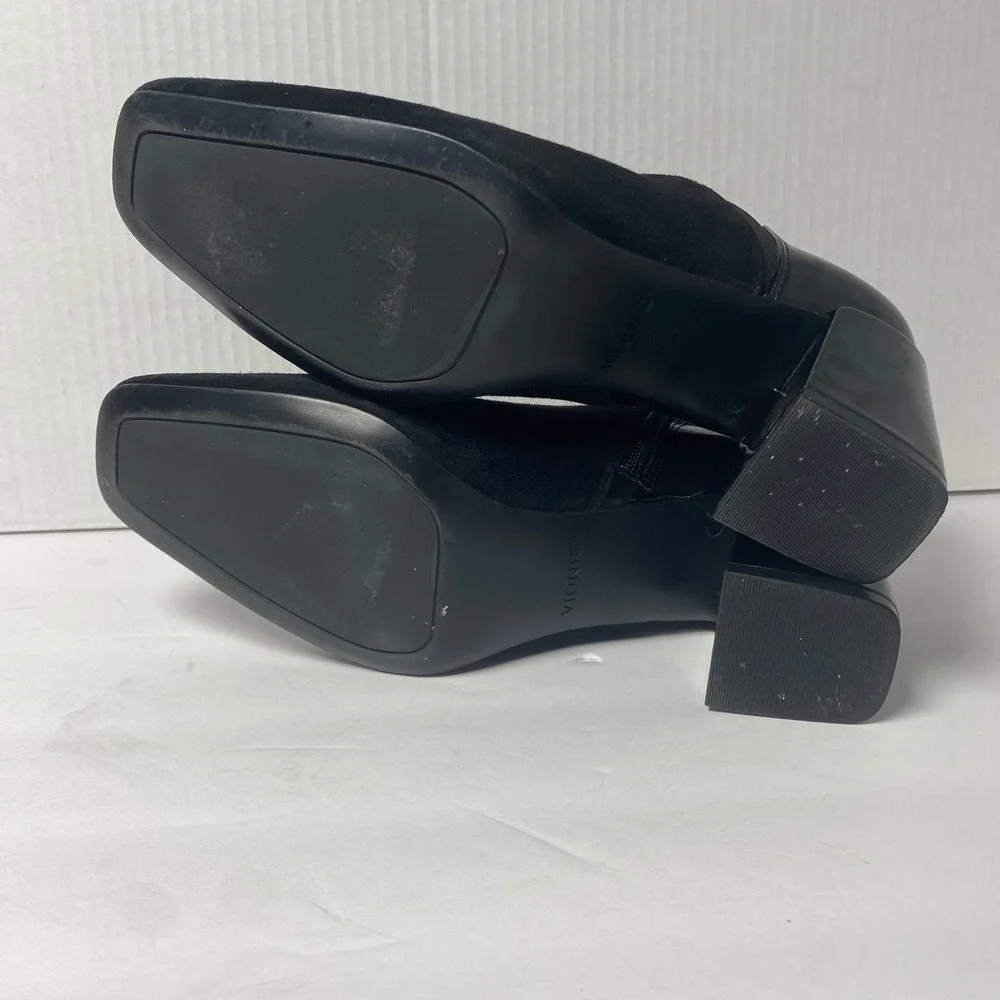 Vionic Black Suede & Patent Leather Block Heel Ankle Booties Womens 7.5‎ Squared